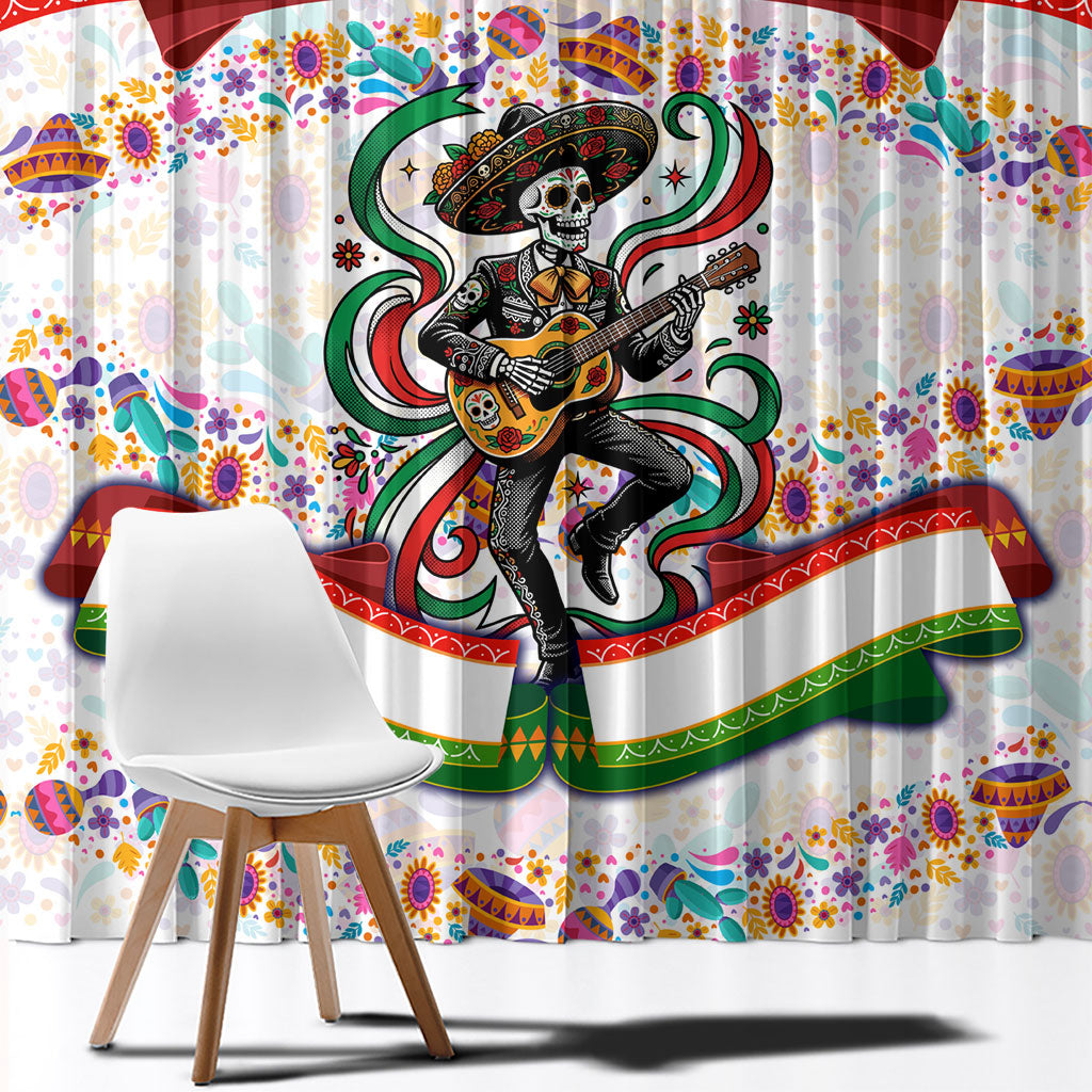 Cinco De Mayo Sugar Skull Mariachi Window Curtain Mexican Fiesta Floral Skeleton Guitar Folk Art