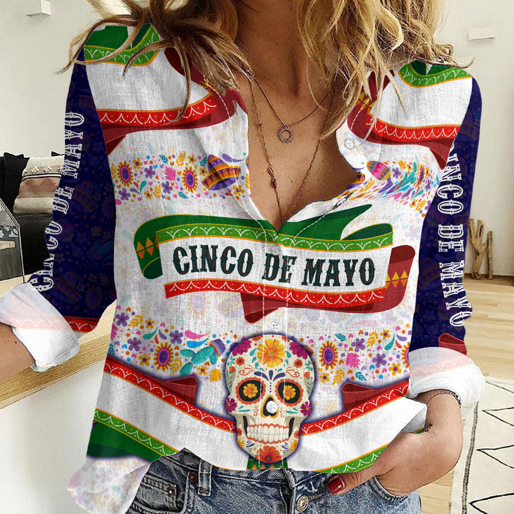 Cinco De Mayo Sugar Skull Mariachi Women Casual Shirt Mexican Fiesta Floral Skeleton Guitar Folk Art