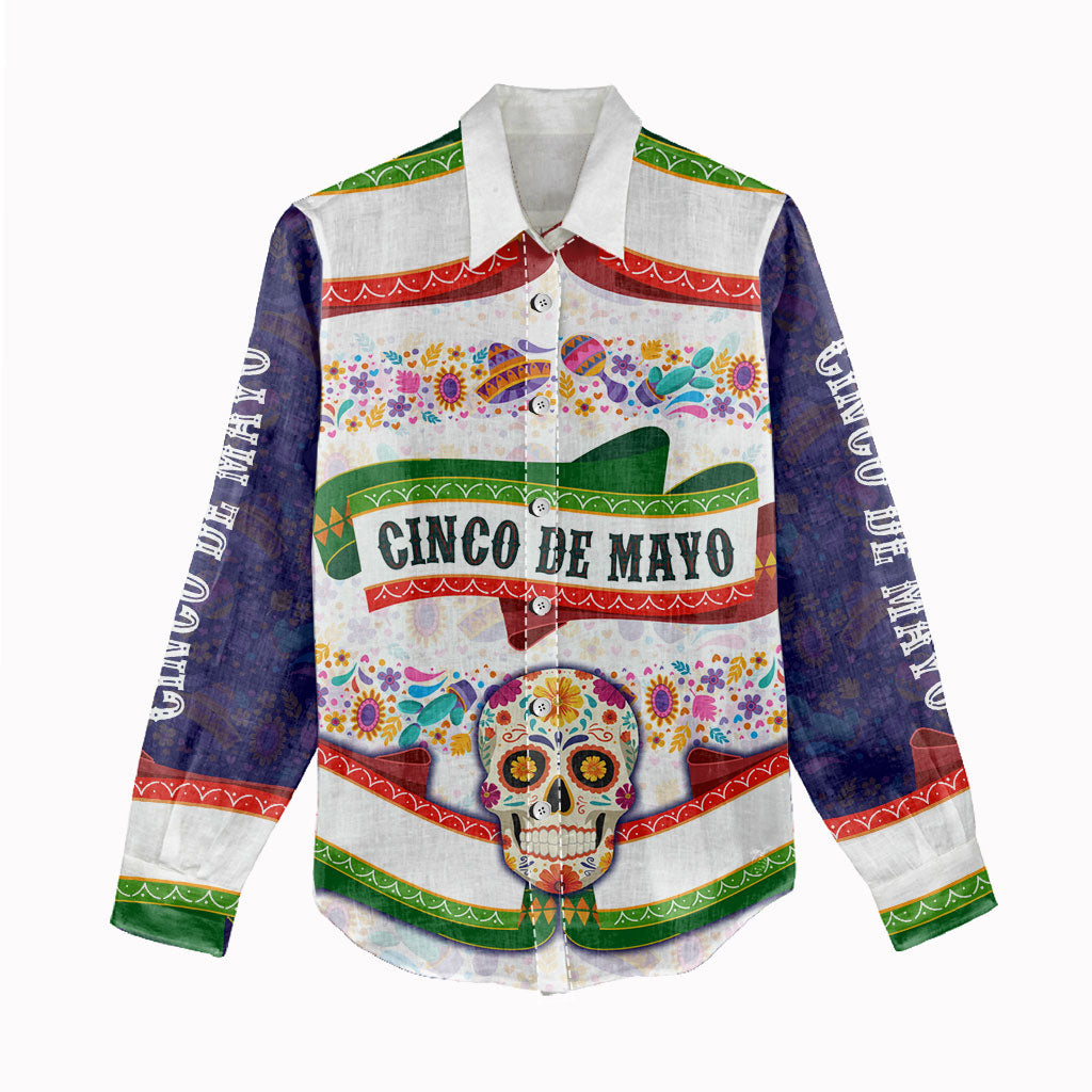 Cinco De Mayo Sugar Skull Mariachi Women Casual Shirt Mexican Fiesta Floral Skeleton Guitar Folk Art