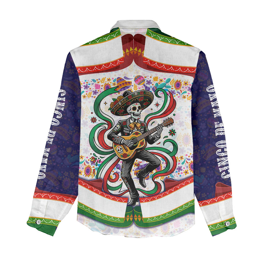 Cinco De Mayo Sugar Skull Mariachi Women Casual Shirt Mexican Fiesta Floral Skeleton Guitar Folk Art