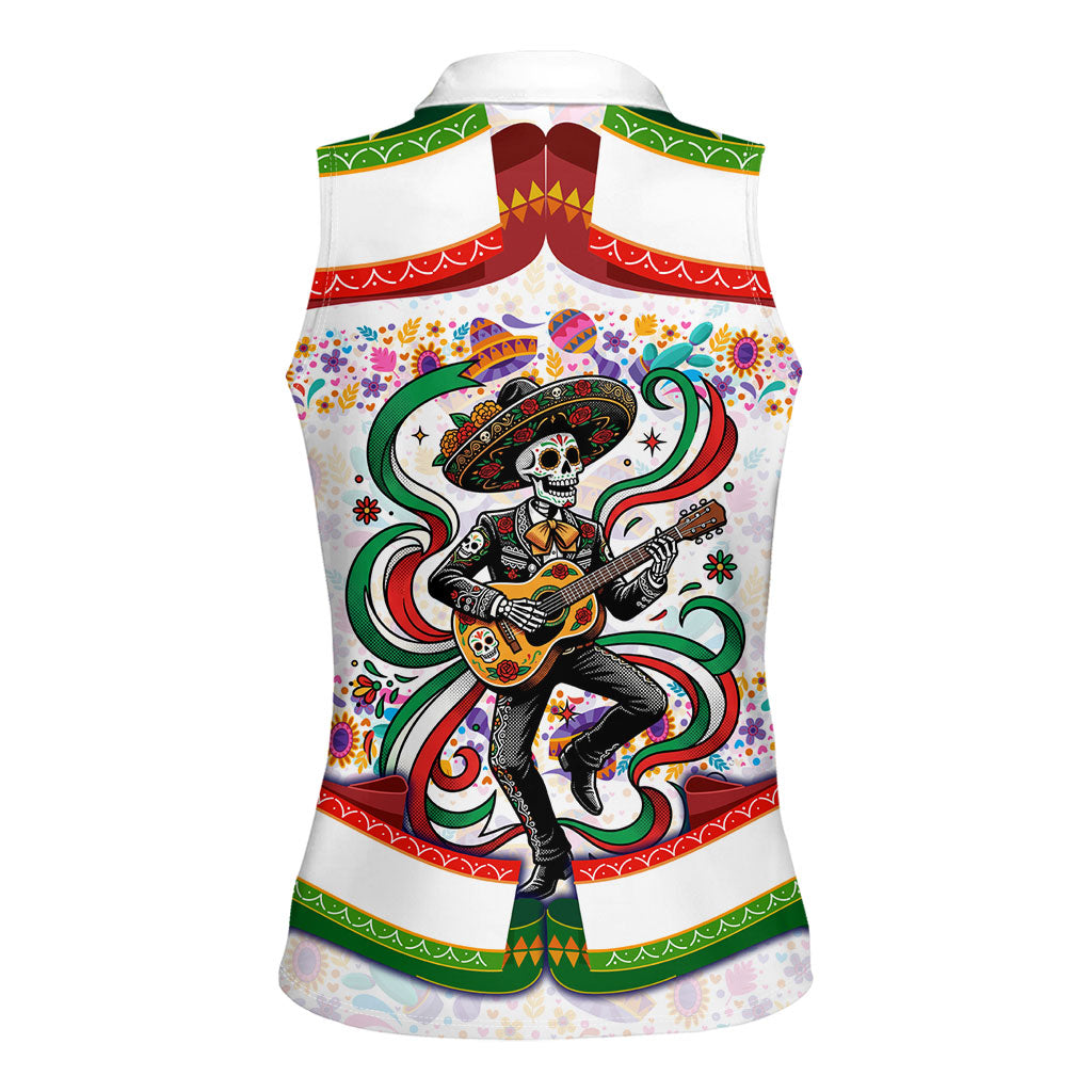 Cinco De Mayo Sugar Skull Mariachi Women Sleeveless Polo Shirt Mexican Fiesta Floral Skeleton Guitar Folk Art