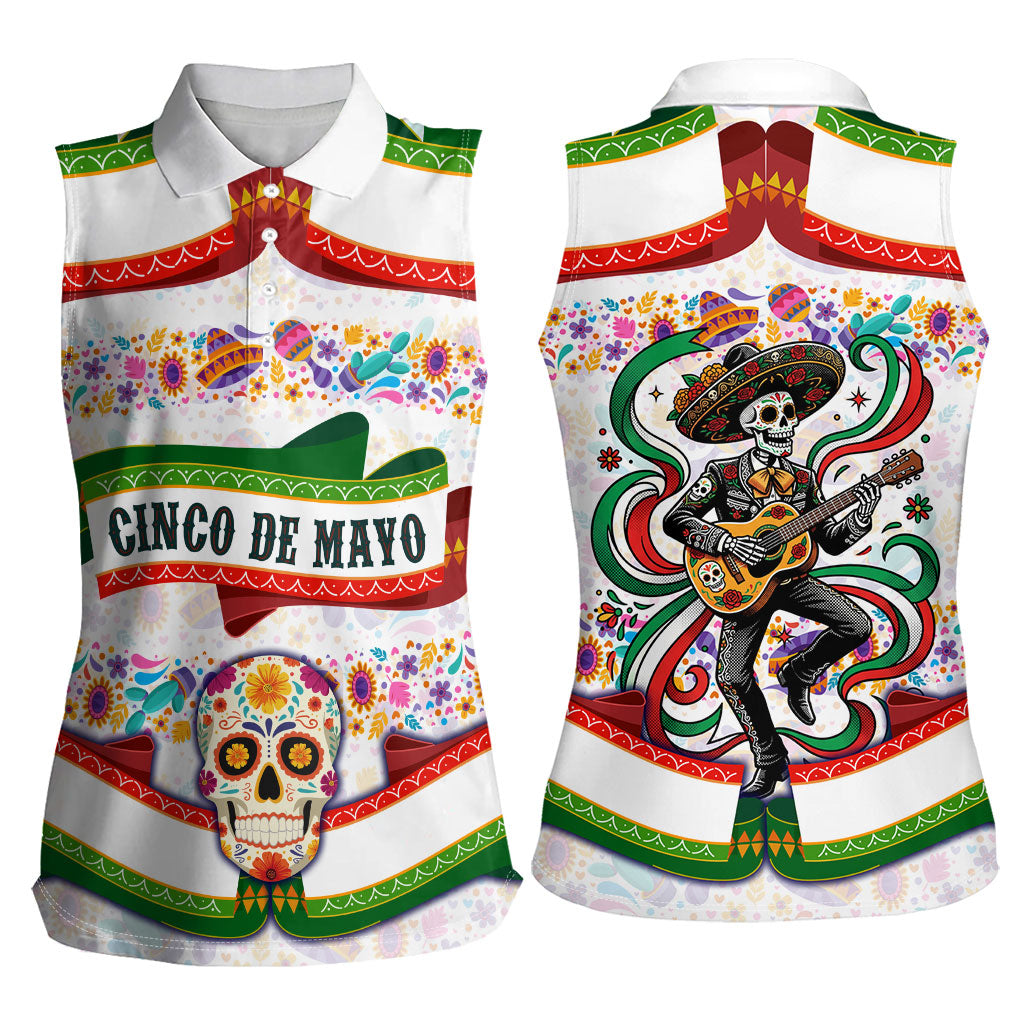 Cinco De Mayo Sugar Skull Mariachi Women Sleeveless Polo Shirt Mexican Fiesta Floral Skeleton Guitar Folk Art