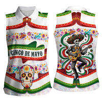 Cinco De Mayo Sugar Skull Mariachi Women Sleeveless Polo Shirt Mexican Fiesta Floral Skeleton Guitar Folk Art