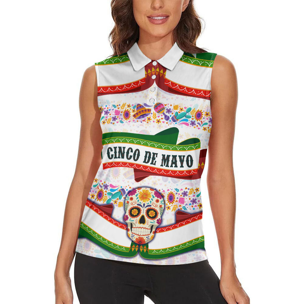 Cinco De Mayo Sugar Skull Mariachi Women Sleeveless Polo Shirt Mexican Fiesta Floral Skeleton Guitar Folk Art