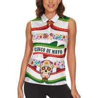 Cinco De Mayo Sugar Skull Mariachi Women Sleeveless Polo Shirt Mexican Fiesta Floral Skeleton Guitar Folk Art