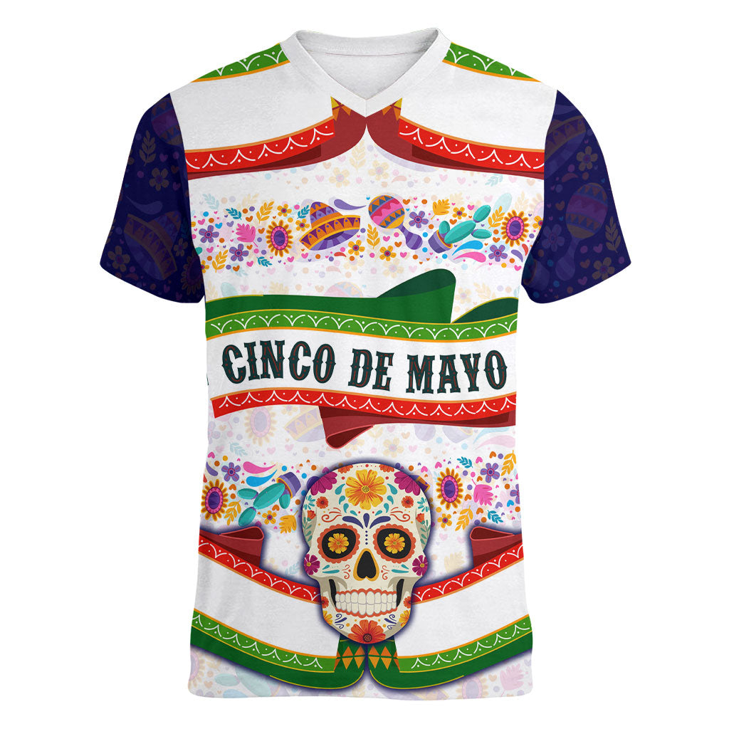 Cinco De Mayo Sugar Skull Mariachi Women V-Neck T-Shirt Mexican Fiesta Floral Skeleton Guitar Folk Art