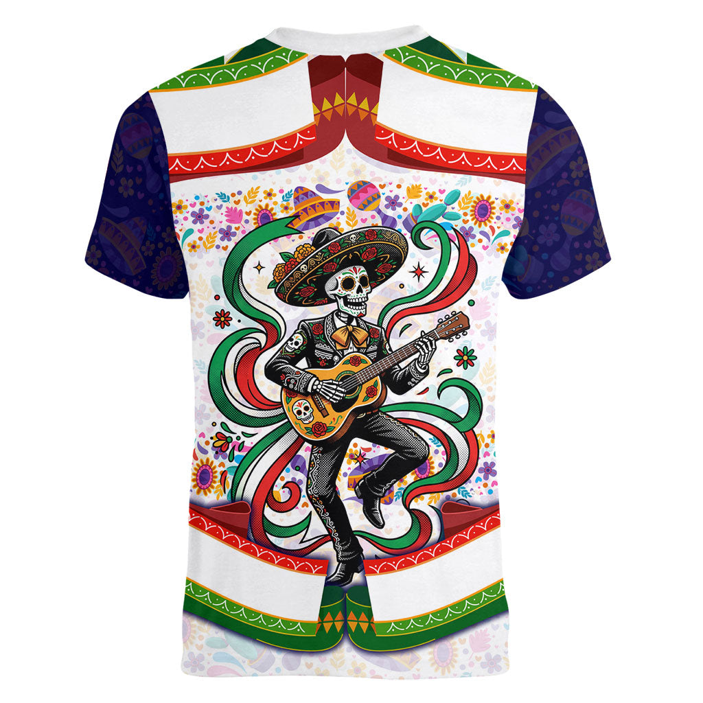 Cinco De Mayo Sugar Skull Mariachi Women V-Neck T-Shirt Mexican Fiesta Floral Skeleton Guitar Folk Art