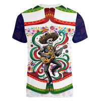 Cinco De Mayo Sugar Skull Mariachi Women V-Neck T-Shirt Mexican Fiesta Floral Skeleton Guitar Folk Art