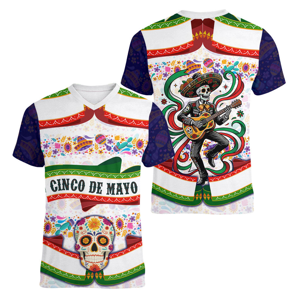 Cinco De Mayo Sugar Skull Mariachi Women V-Neck T-Shirt Mexican Fiesta Floral Skeleton Guitar Folk Art
