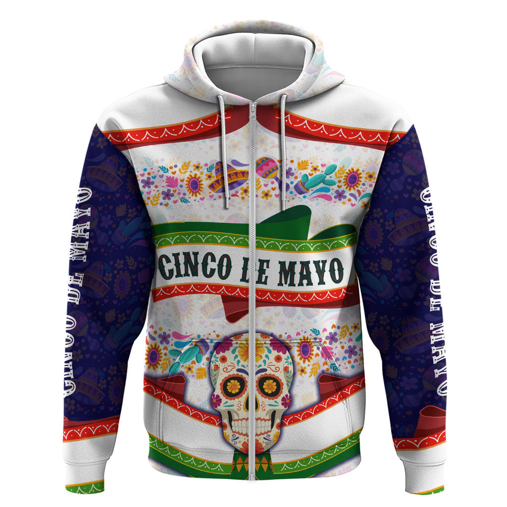 Cinco De Mayo Sugar Skull Mariachi Zip Hoodie Mexican Fiesta Floral Skeleton Guitar Folk Art