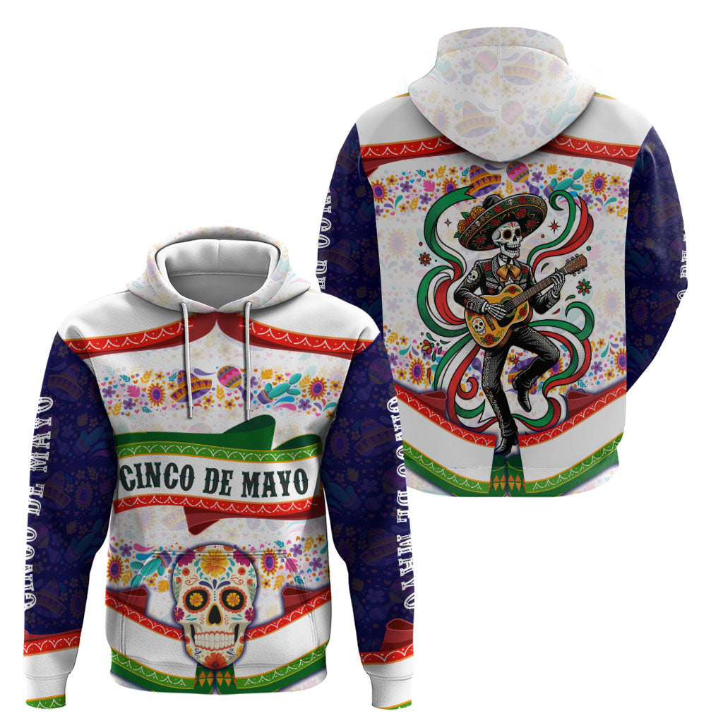 Cinco De Mayo Sugar Skull Mariachi Zip Hoodie Mexican Fiesta Floral Skeleton Guitar Folk Art