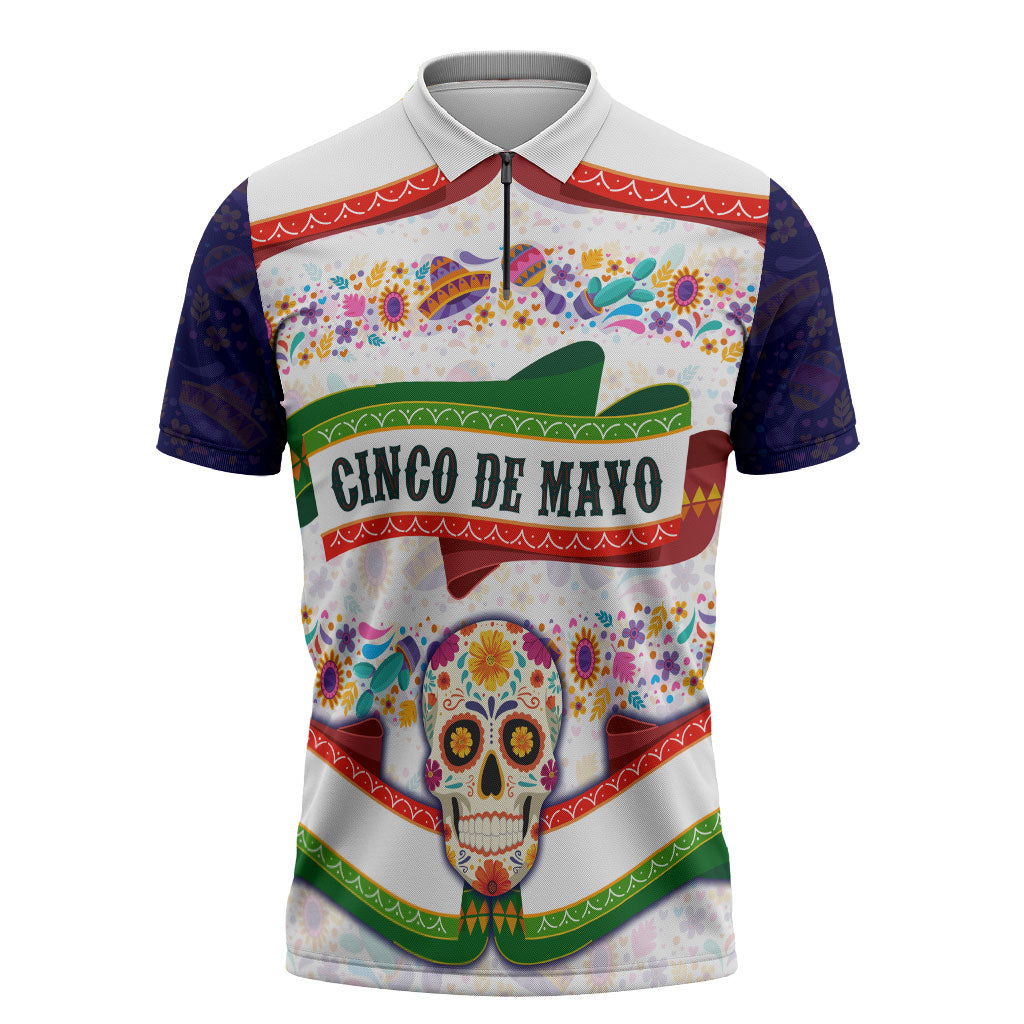Cinco De Mayo Sugar Skull Mariachi Zipper Polo Shirt Mexican Fiesta Floral Skeleton Guitar Folk Art