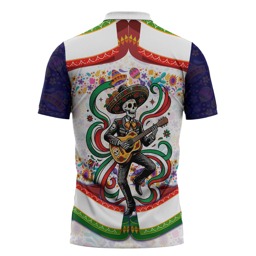 Cinco De Mayo Sugar Skull Mariachi Zipper Polo Shirt Mexican Fiesta Floral Skeleton Guitar Folk Art