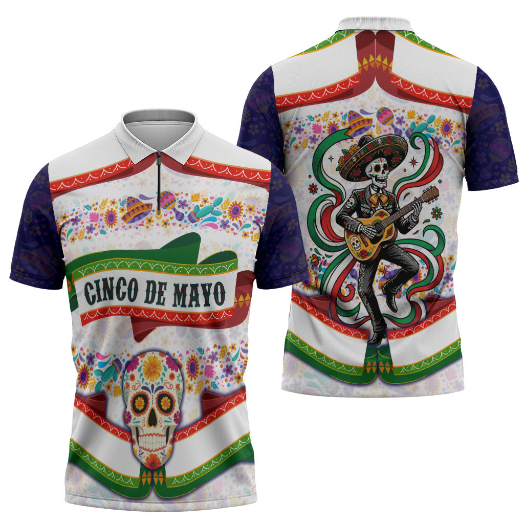 Cinco De Mayo Sugar Skull Mariachi Zipper Polo Shirt Mexican Fiesta Floral Skeleton Guitar Folk Art