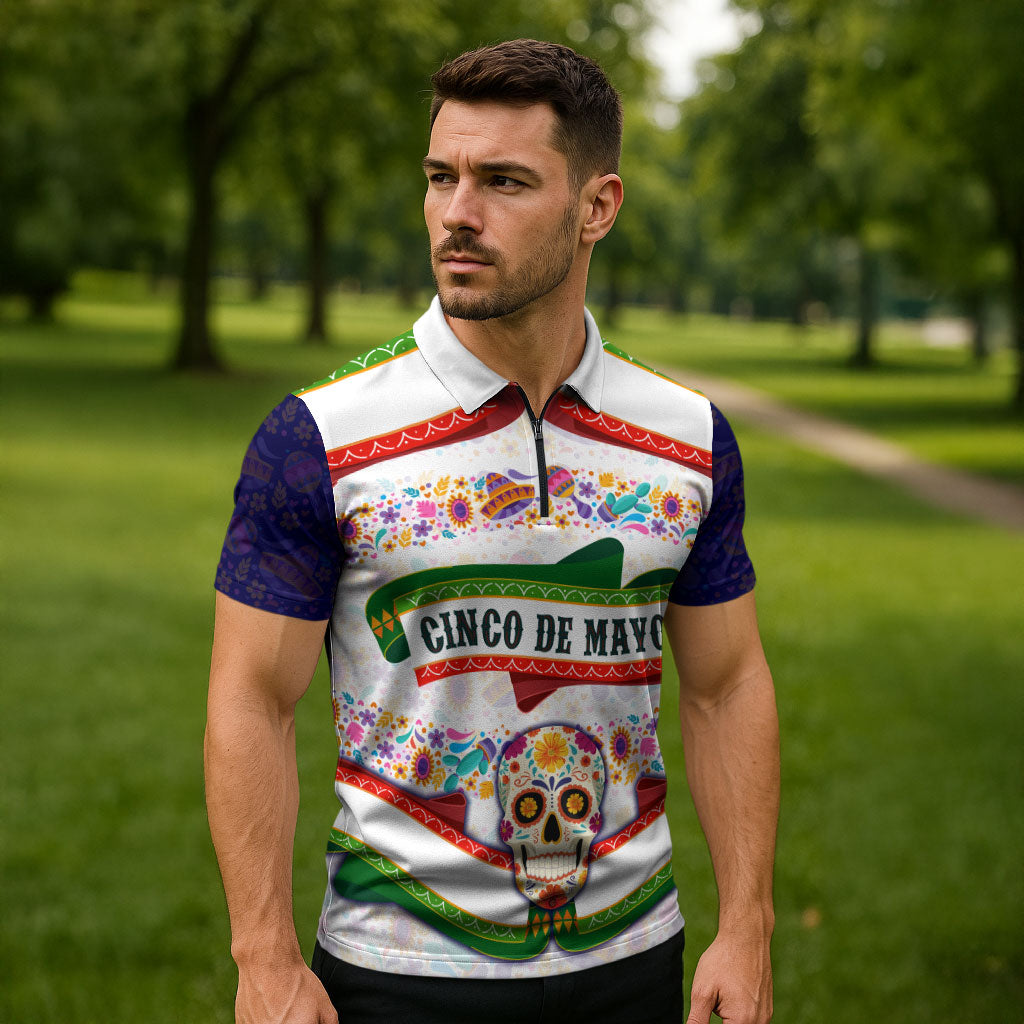 Cinco De Mayo Sugar Skull Mariachi Zipper Polo Shirt Mexican Fiesta Floral Skeleton Guitar Folk Art