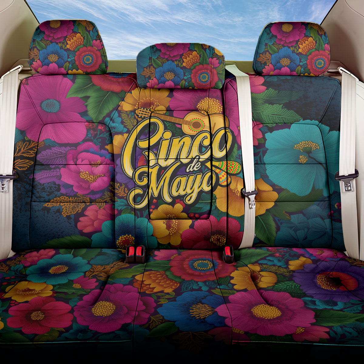 Cinco De Mayo Back Car Seat Cover Mariachi Dancer - Vibrant Mexican Floral Fiesta Guitar Folk Art