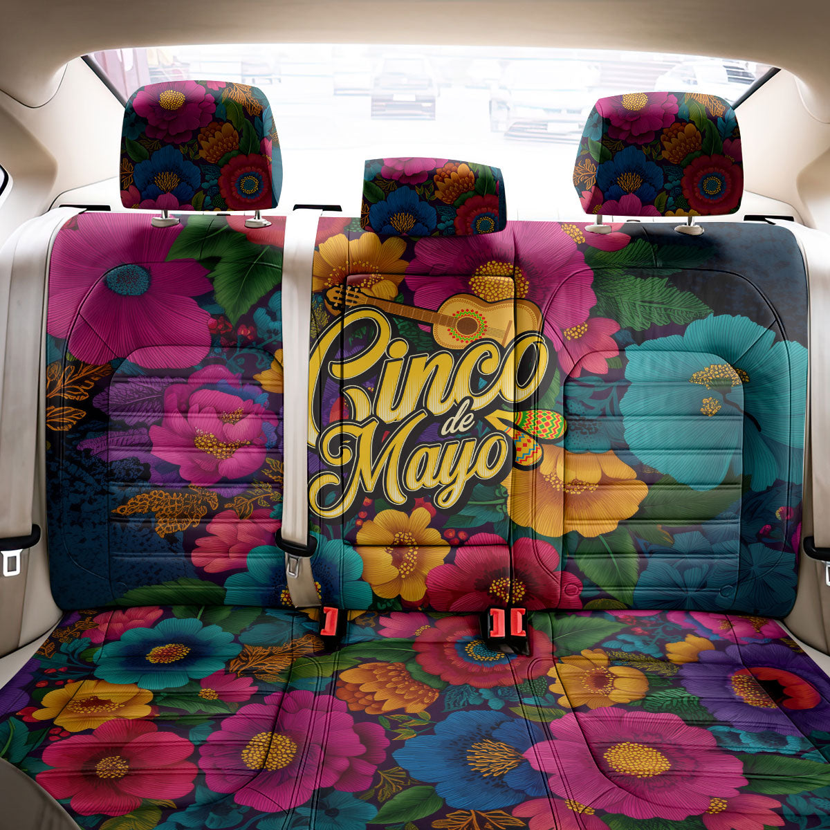 Cinco De Mayo Back Car Seat Cover Mariachi Dancer - Vibrant Mexican Floral Fiesta Guitar Folk Art