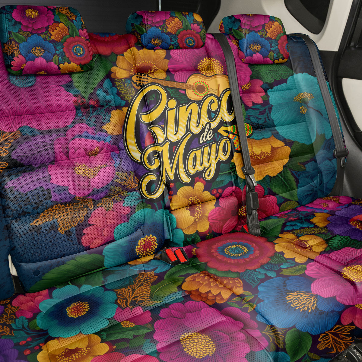 Cinco De Mayo Back Car Seat Cover Mariachi Dancer - Vibrant Mexican Floral Fiesta Guitar Folk Art