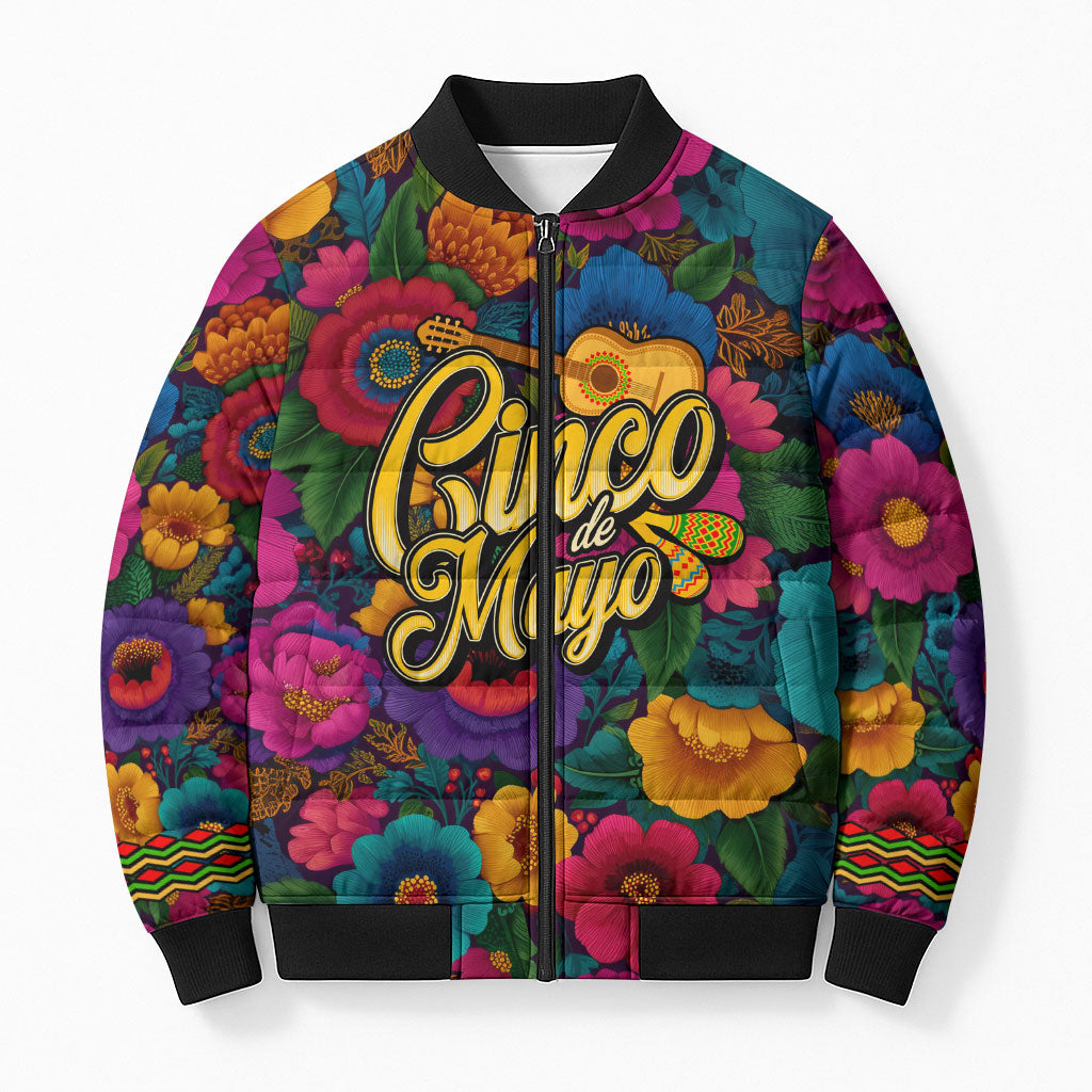 Cinco De Mayo Bomber Puffer Jacket Mariachi Dancer - Vibrant Mexican Floral Fiesta Guitar Folk Art