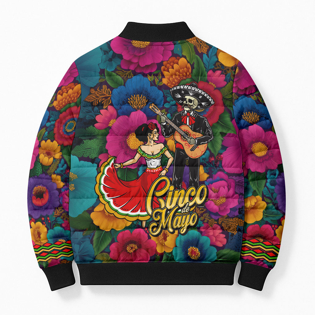 Cinco De Mayo Bomber Puffer Jacket Mariachi Dancer - Vibrant Mexican Floral Fiesta Guitar Folk Art