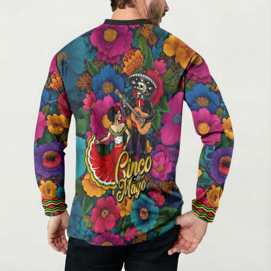 Cinco De Mayo Button Sweatshirt Mariachi Dancer - Vibrant Mexican Floral Fiesta Guitar Folk Art