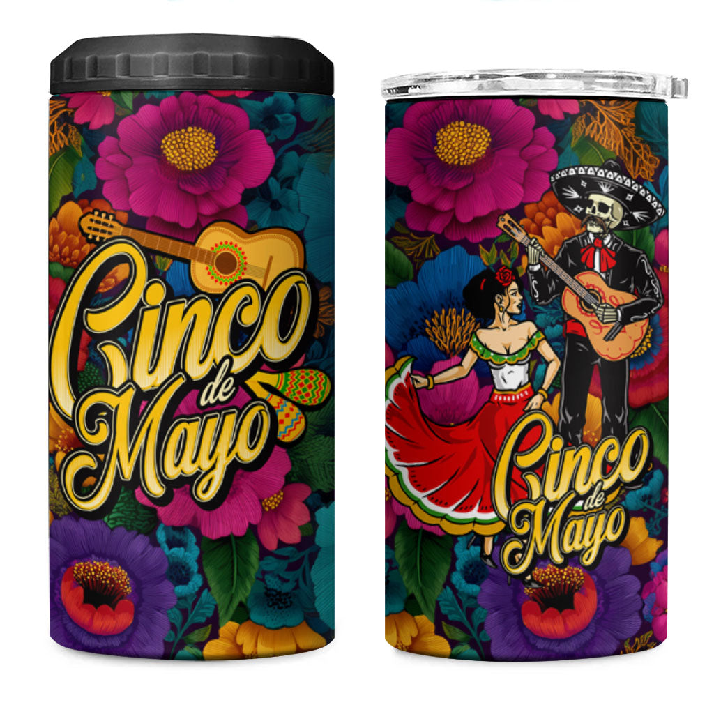 Cinco De Mayo 4 in 1 Can Cooler Tumbler Mariachi Dancer - Vibrant Mexican Floral Fiesta Guitar Folk Art