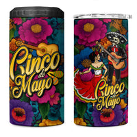 Cinco De Mayo 4 in 1 Can Cooler Tumbler Mariachi Dancer - Vibrant Mexican Floral Fiesta Guitar Folk Art