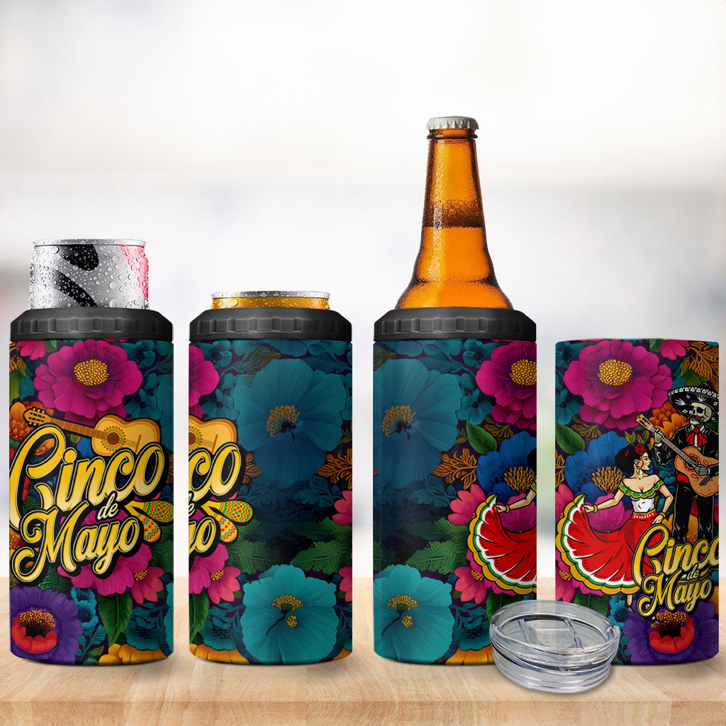 Cinco De Mayo 4 in 1 Can Cooler Tumbler Mariachi Dancer - Vibrant Mexican Floral Fiesta Guitar Folk Art
