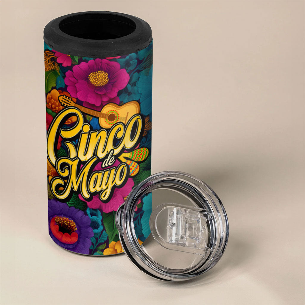 Cinco De Mayo 4 in 1 Can Cooler Tumbler Mariachi Dancer - Vibrant Mexican Floral Fiesta Guitar Folk Art