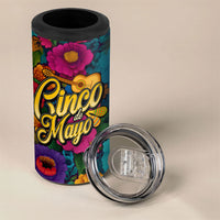 Cinco De Mayo 4 in 1 Can Cooler Tumbler Mariachi Dancer - Vibrant Mexican Floral Fiesta Guitar Folk Art