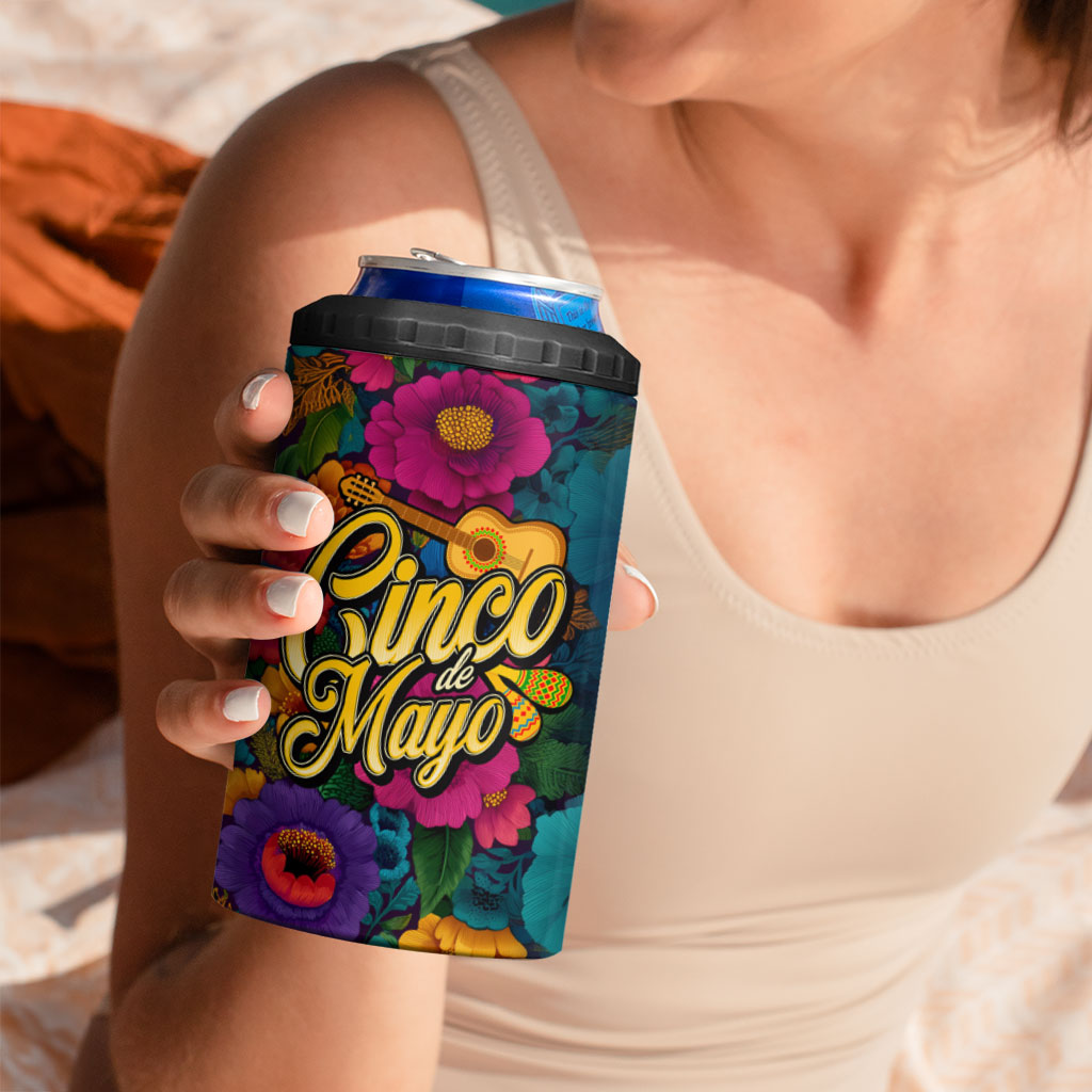 Cinco De Mayo 4 in 1 Can Cooler Tumbler Mariachi Dancer - Vibrant Mexican Floral Fiesta Guitar Folk Art