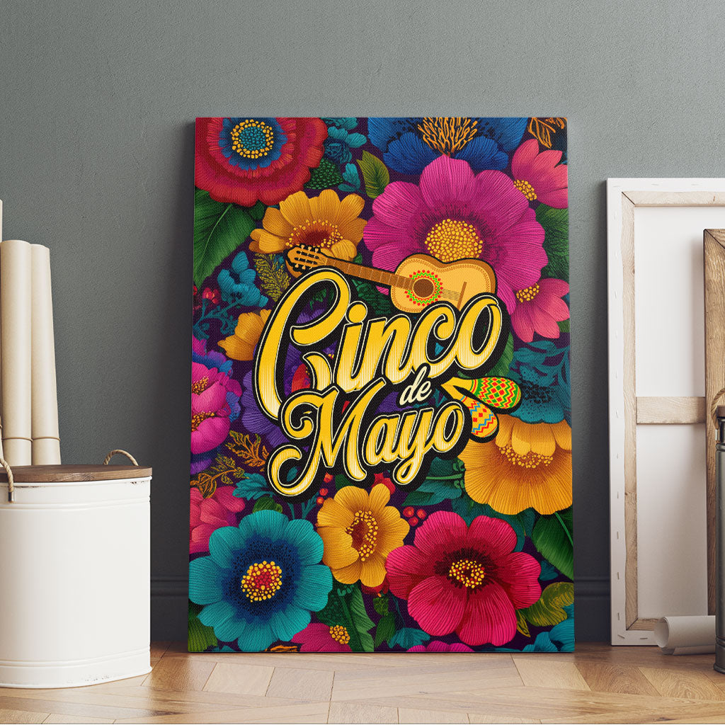 Cinco De Mayo Canvas Wall Art Mariachi Dancer - Vibrant Mexican Floral Fiesta Guitar Folk Art