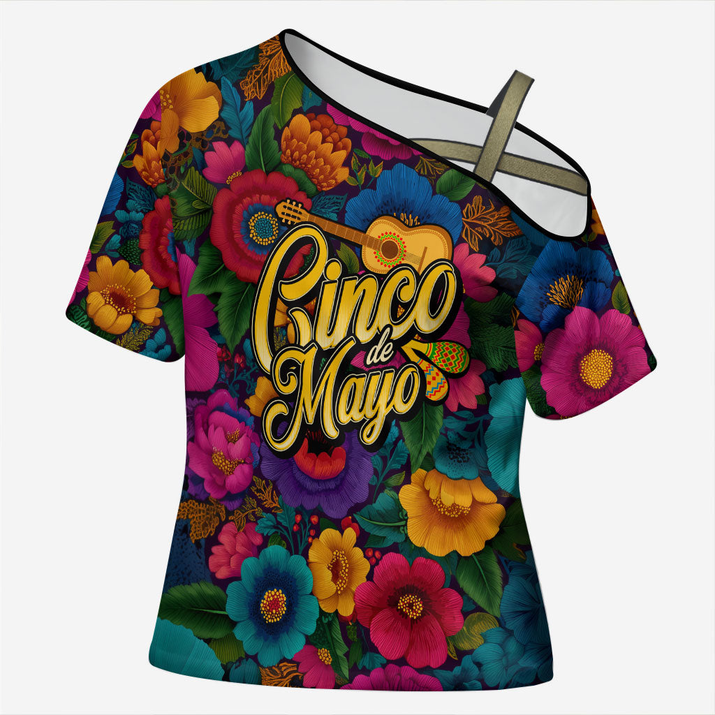Cinco De Mayo Cross Shoulder Shirt Mariachi Dancer - Vibrant Mexican Floral Fiesta Guitar Folk Art