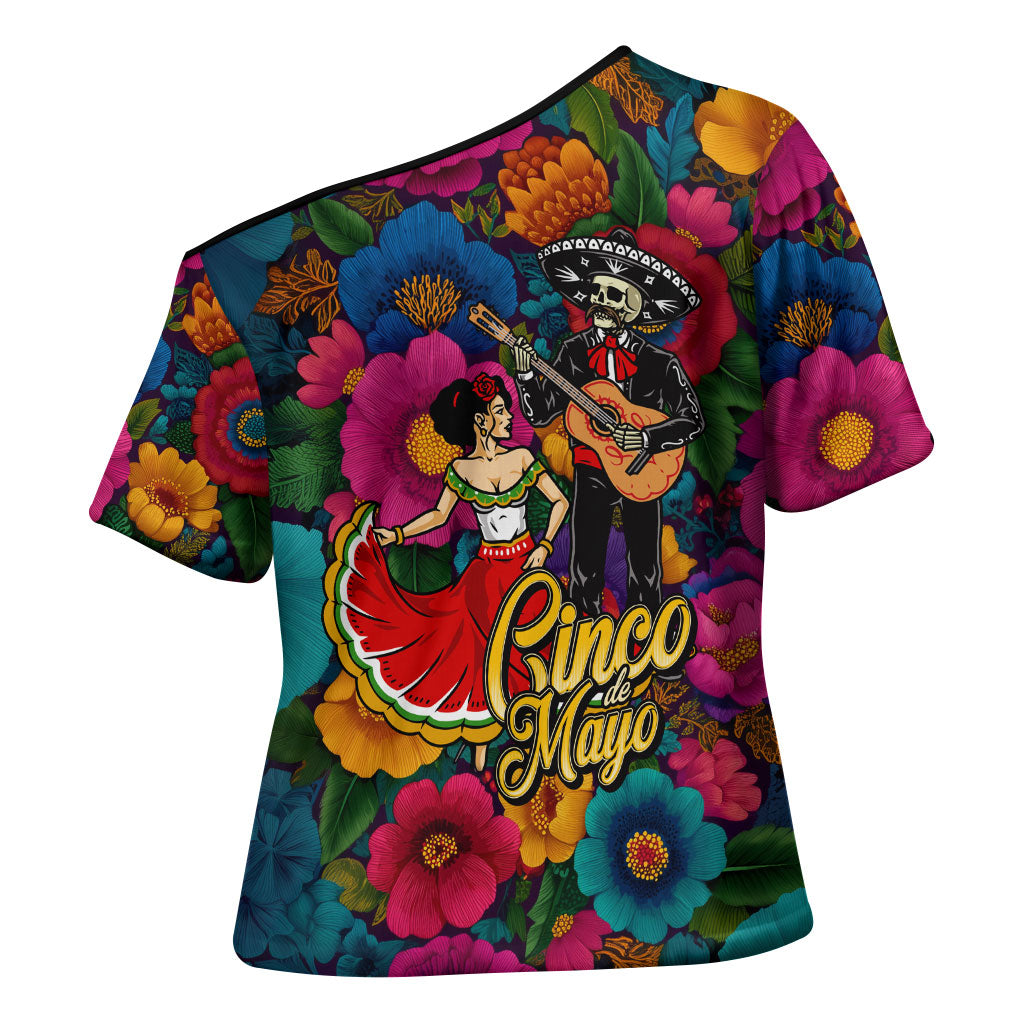 Cinco De Mayo Cross Shoulder Shirt Mariachi Dancer - Vibrant Mexican Floral Fiesta Guitar Folk Art