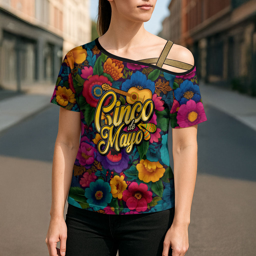Cinco De Mayo Cross Shoulder Shirt Mariachi Dancer - Vibrant Mexican Floral Fiesta Guitar Folk Art