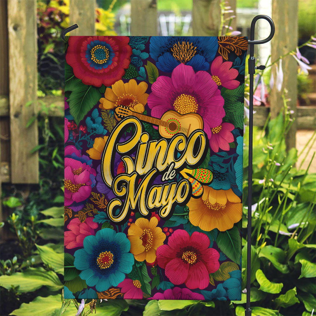 Cinco De Mayo Garden Flag Mariachi Dancer - Vibrant Mexican Floral Fiesta Guitar Folk Art