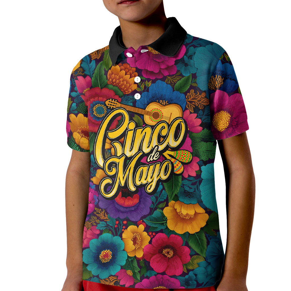 Cinco De Mayo Kid Polo Shirt Mariachi Dancer - Vibrant Mexican Floral Fiesta Guitar Folk Art