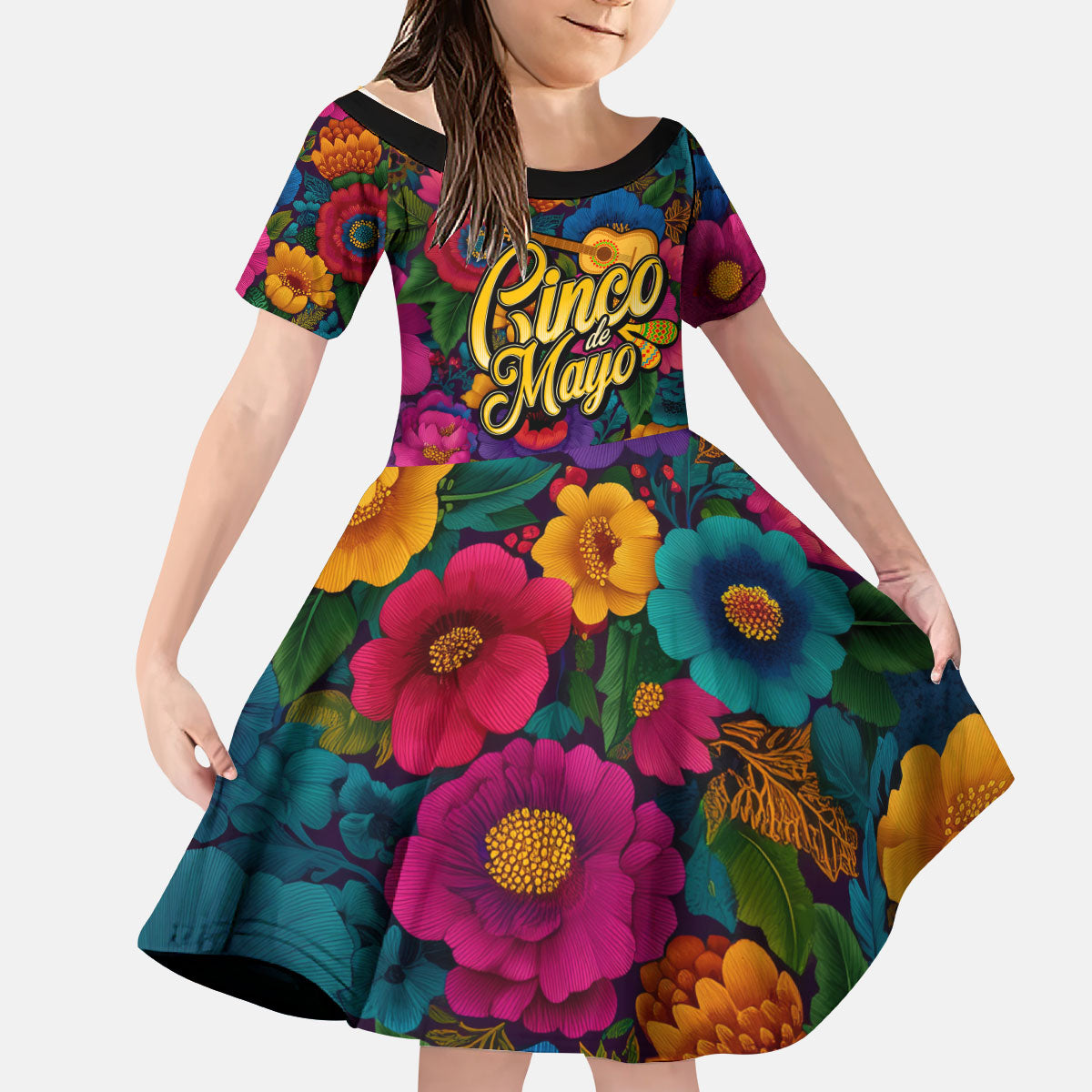 Cinco De Mayo Kid Short Sleeve Dress Mariachi Dancer - Vibrant Mexican Floral Fiesta Guitar Folk Art