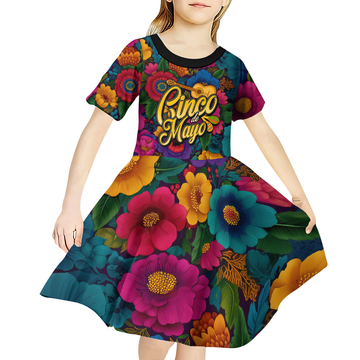 Cinco De Mayo Kid Short Sleeve Dress Mariachi Dancer - Vibrant Mexican Floral Fiesta Guitar Folk Art