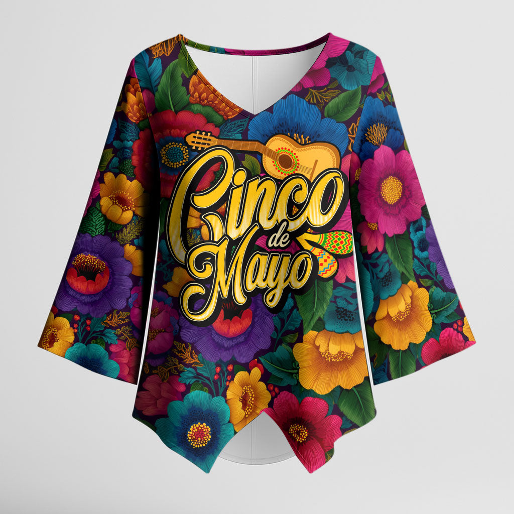 Cinco De Mayo Kimono Sleeve Blouse Mariachi Dancer - Vibrant Mexican Floral Fiesta Guitar Folk Art