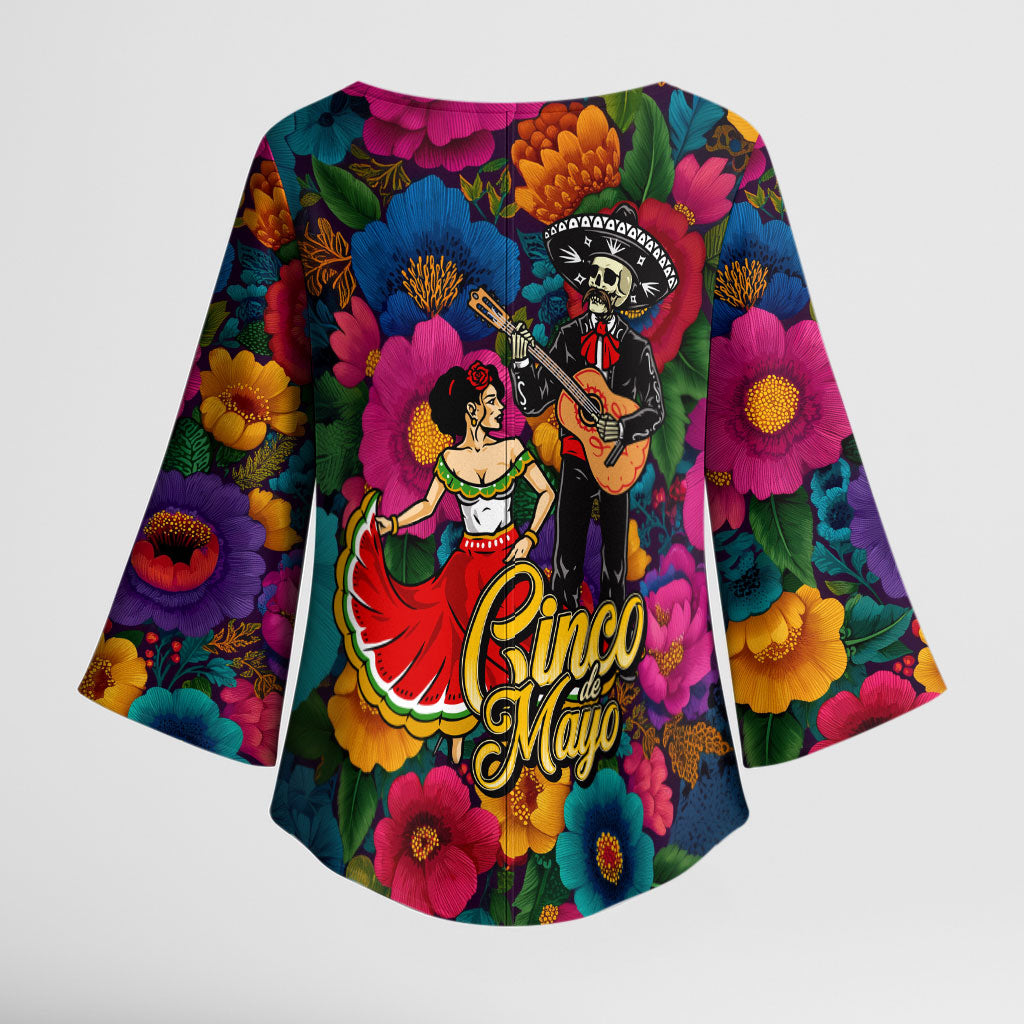 Cinco De Mayo Kimono Sleeve Blouse Mariachi Dancer - Vibrant Mexican Floral Fiesta Guitar Folk Art