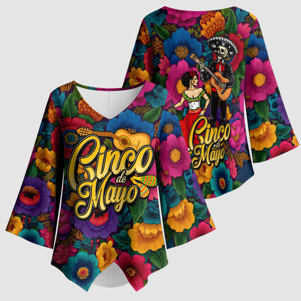 Cinco De Mayo Kimono Sleeve Blouse Mariachi Dancer - Vibrant Mexican Floral Fiesta Guitar Folk Art