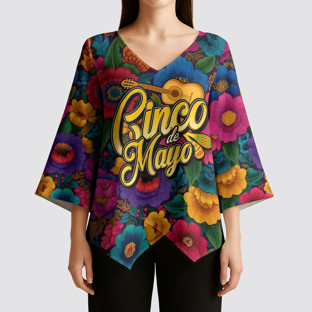 Cinco De Mayo Kimono Sleeve Blouse Mariachi Dancer - Vibrant Mexican Floral Fiesta Guitar Folk Art