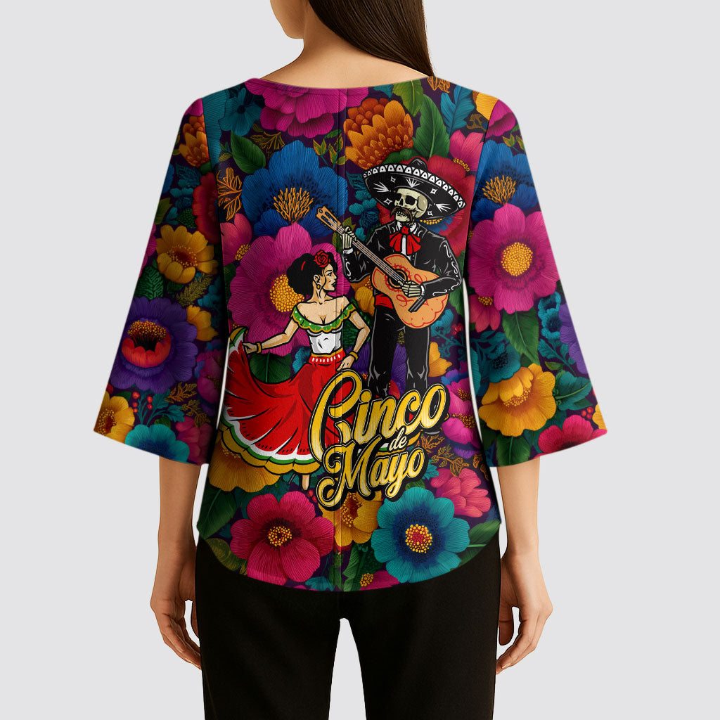 Cinco De Mayo Kimono Sleeve Blouse Mariachi Dancer - Vibrant Mexican Floral Fiesta Guitar Folk Art