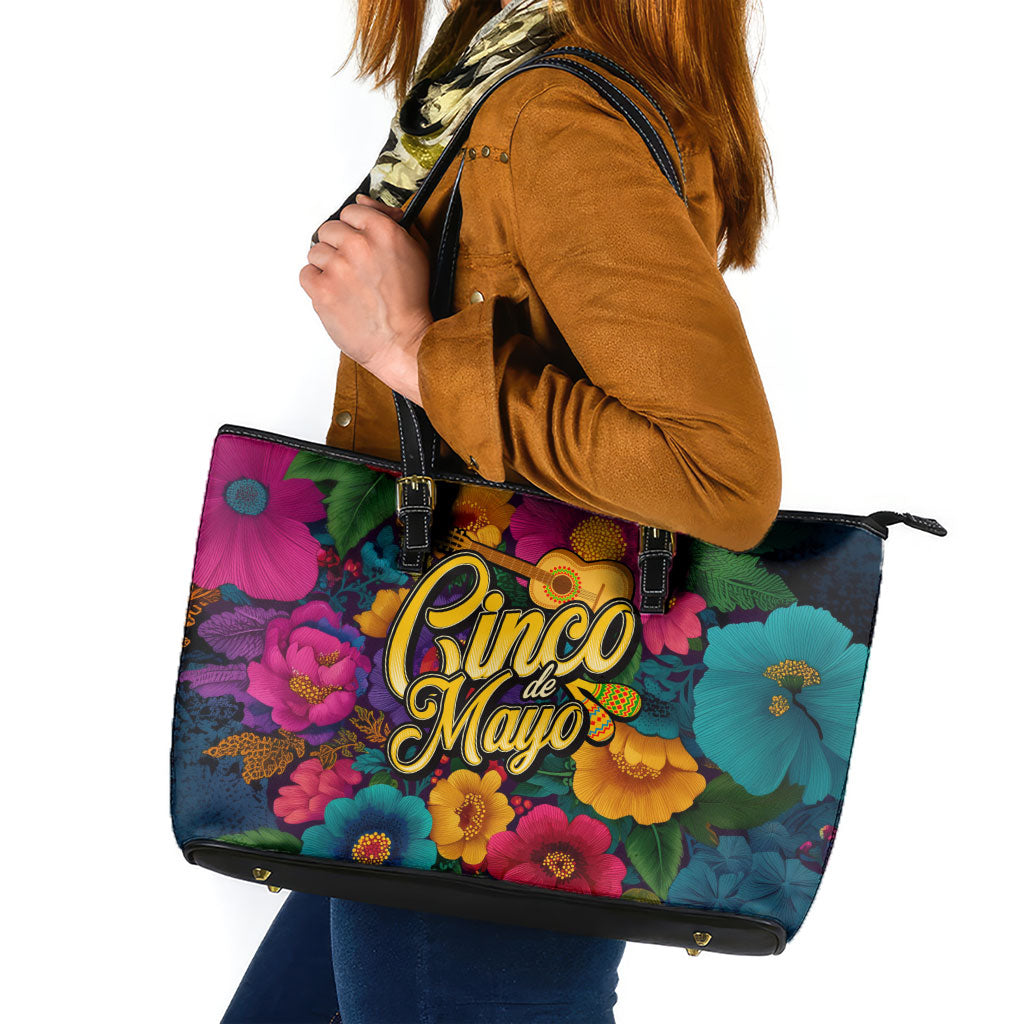 Cinco De Mayo Leather Tote Bag Mariachi Dancer - Vibrant Mexican Floral Fiesta Guitar Folk Art