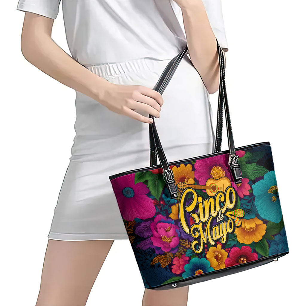 Cinco De Mayo Leather Tote Bag Mariachi Dancer - Vibrant Mexican Floral Fiesta Guitar Folk Art