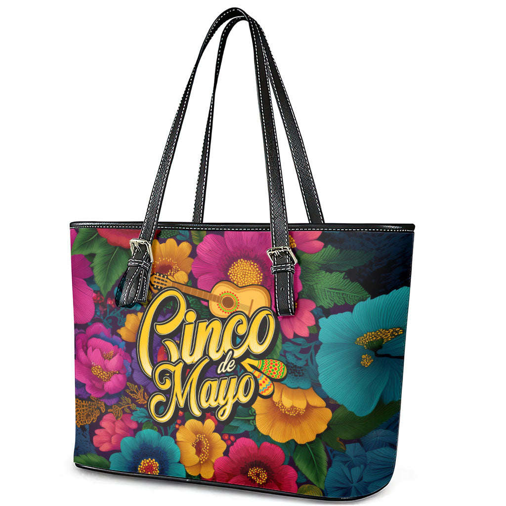Cinco De Mayo Leather Tote Bag Mariachi Dancer - Vibrant Mexican Floral Fiesta Guitar Folk Art