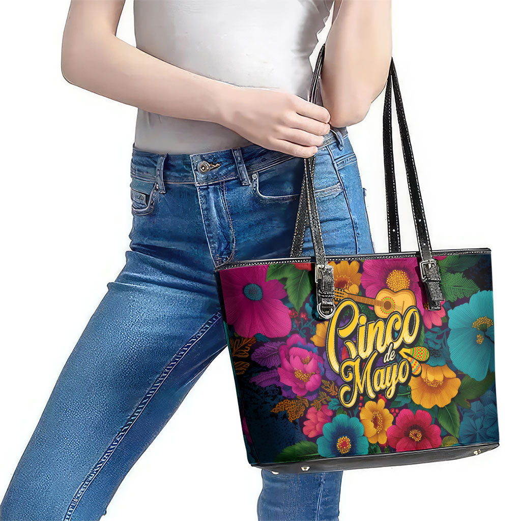 Cinco De Mayo Leather Tote Bag Mariachi Dancer - Vibrant Mexican Floral Fiesta Guitar Folk Art