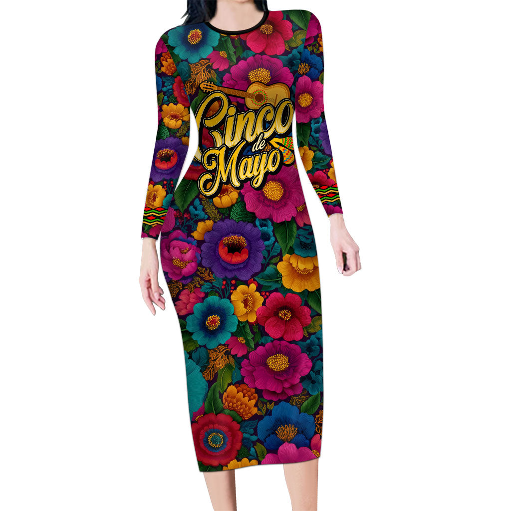Cinco De Mayo Long Sleeve Bodycon Dress Mariachi Dancer - Vibrant Mexican Floral Fiesta Guitar Folk Art