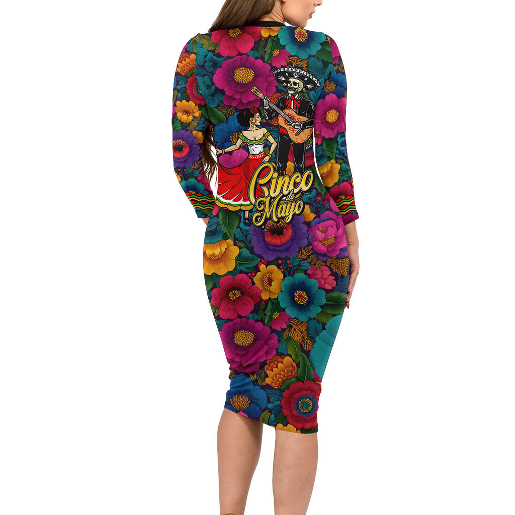 Cinco De Mayo Long Sleeve Bodycon Dress Mariachi Dancer - Vibrant Mexican Floral Fiesta Guitar Folk Art